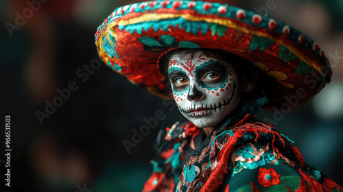 illustration of little boy with skeleton makeup wearing mexican hat with red white green flag on black background, day of the dead, halloween, mexico, festival, carnival, holiday, celebration, child