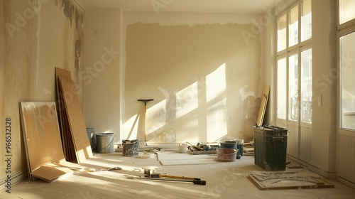 A Room Undergoing Renovation with Tools and Materials Scattered Throughout