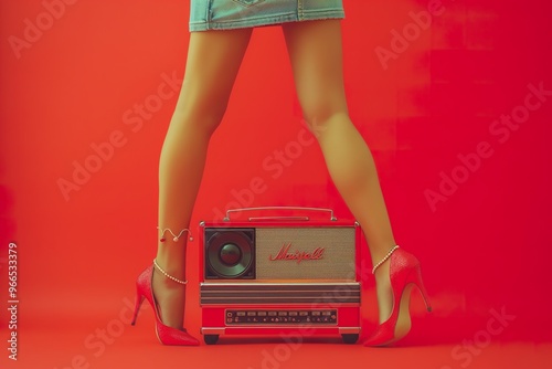 Dancing on heels, vibrant legs groove with a retro boombox against a bold red backdrop in eclectic urban style photo