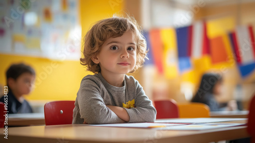 Child sitting at desk in spanish class in language school, flags of different countries on wall, multiculturalism, hispanic heritage, schoolchild, kid, education, foreign language, study, knowledge photo