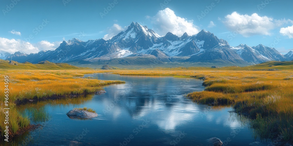 Fototapeta premium A Serene Stream Winding Through a Grassy Valley with Majestic Snow-Capped Mountains in the Background