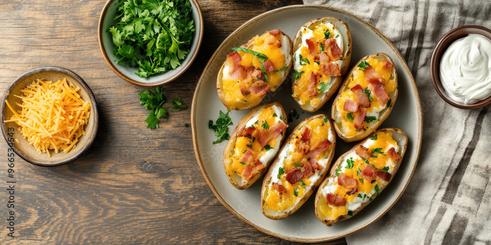 Plate of Potato Skins on a Wooden Table Plate of Potato Skins on a Wooden Table