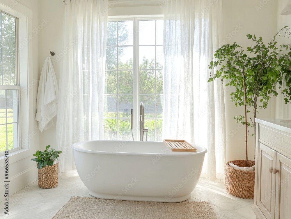 A white bathtub with a wooden tray sits in front of a window. The room is bright and airy, with a potted plant and two baskets of plants adding a touch of greenery. The bathroom is clean A white bathtub with a wooden tray sits in front of a window. The room is bright and airy, with a potted plant and two baskets of plants adding a touch of greenery. The bathroom is clean
