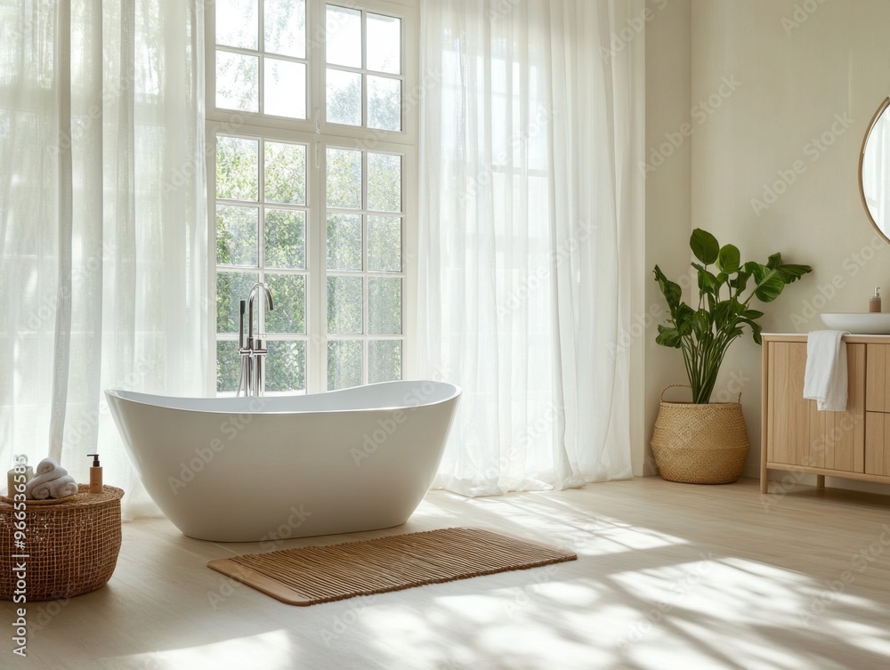 A bathroom with a large bathtub and a window. The room is bright and airy, with a white color scheme A bathroom with a large bathtub and a window. The room is bright and airy, with a white color scheme