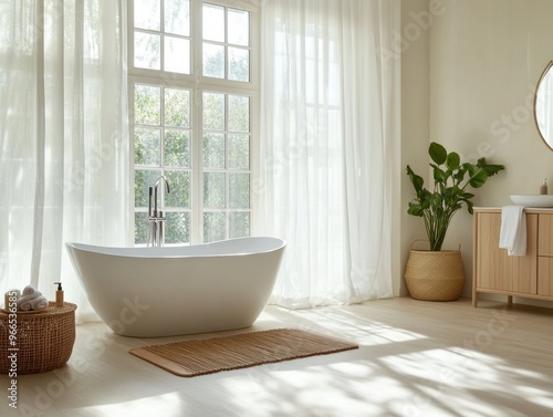 A bathroom with a large bathtub and a window. The room is bright and airy, with a white color scheme