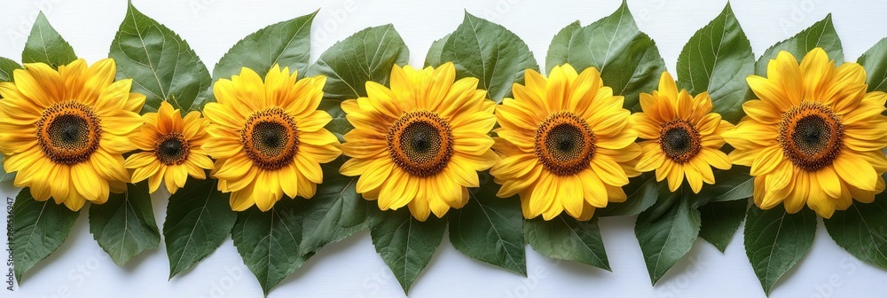 A Row of Sunflowers with Green Leaves on a White Background A Row of Sunflowers with Green Leaves on a White Background
