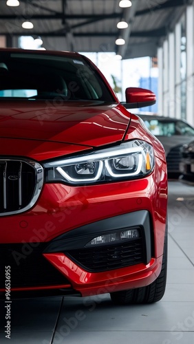 Close-up of red car headlights in a showroom