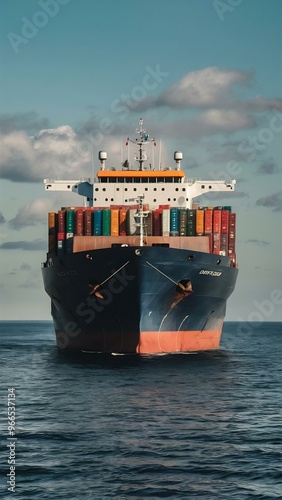 Big transport ship with contners with goods on the open sea  photo