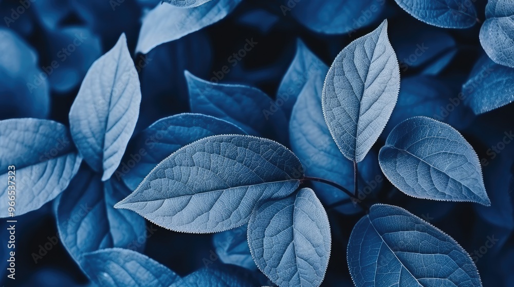 A close-up of blue leaves with intricate veins and textures. A close-up of blue leaves with intricate veins and textures.