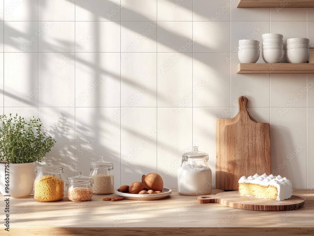 minimalist scandinavian style kitchen with cake making ingredients on the counter minimalist scandinavian style kitchen with cake making ingredients on the counter