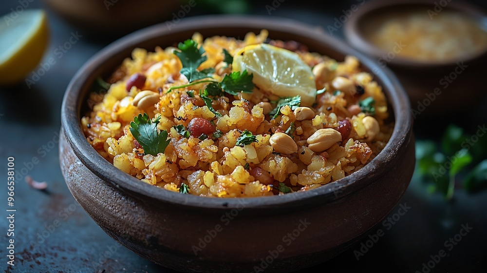 Fluffy poha garnished peanuts curry leaves and lemon served with sev and a side of chai Fluffy poha garnished peanuts curry leaves and lemon served with sev and a side of chai