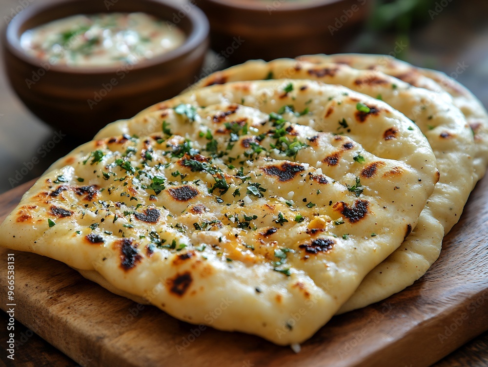 Fresh fluffy naan bread straight from the tandoor served with butter chicken and a side of raita Fresh fluffy naan bread straight from the tandoor served with butter chicken and a side of raita