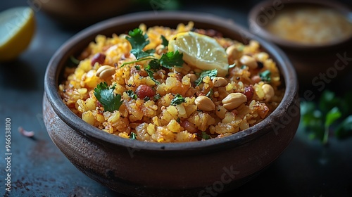 Fluffy poha garnished peanuts curry leaves and lemon served with sev and a side of chai photo