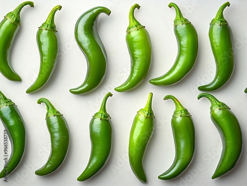 Fresh green chilies scattered across white background bold and vibrant in color