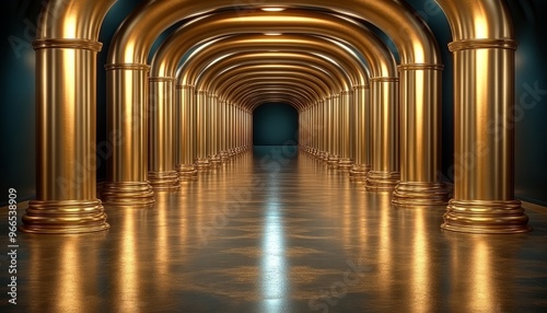 Golden Archway Corridor with Reflective Floor