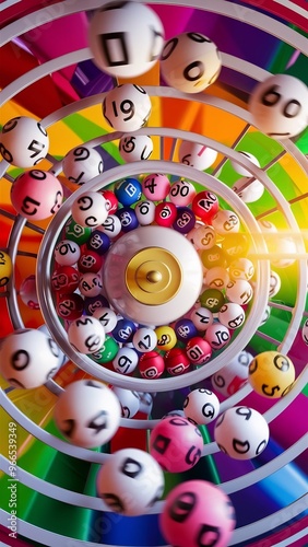 Top view of colorful lottery balls in a spinning machine