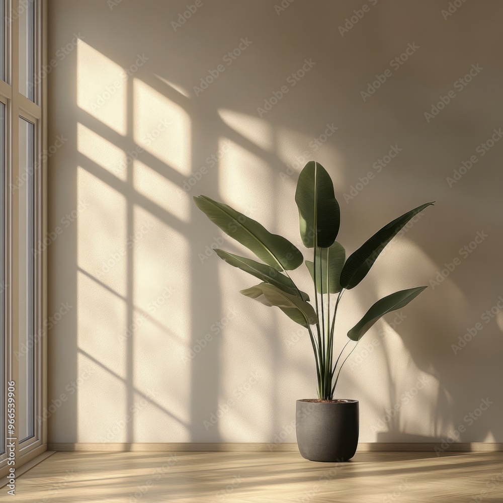 A large plant is sitting in a pot on a wooden floor in a room with a window. The sunlight is shining on the plant, creating a warm and inviting atmosphere A large plant is sitting in a pot on a wooden floor in a room with a window. The sunlight is shining on the plant, creating a warm and inviting atmosphere