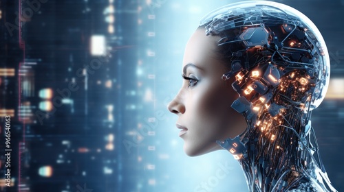 A futuristic cyborg woman with glowing circuits and a transparent head, a concept of artificial intelligence and human evolution.