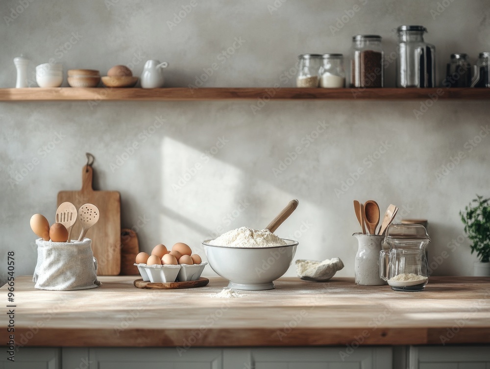 A kitchen counter with a bowl of flour and a wooden spoon. There are several spoons and bowls on the counter, and a few eggs in a basket. The counter is made of wood and has a light color