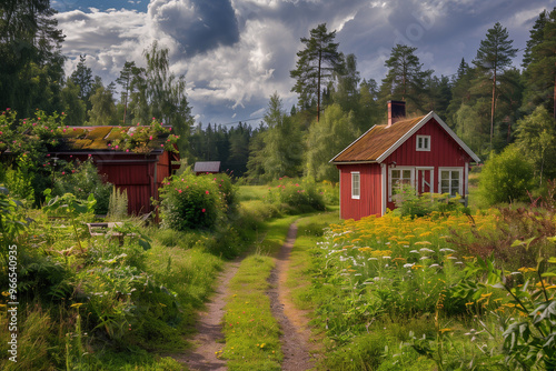 Red cottage and barn in a lush countryside landscape under a cloudy sky