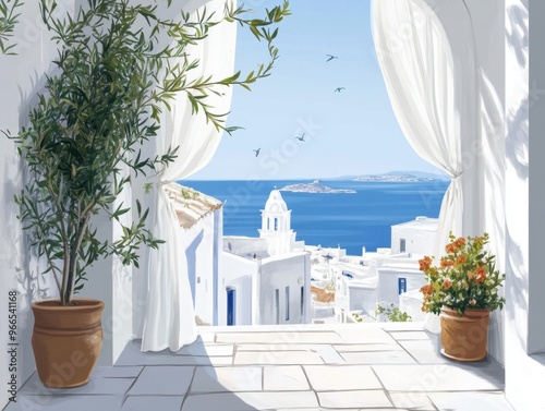 A painting of a balcony with a view of the ocean and a tree. The painting has a calm and peaceful mood