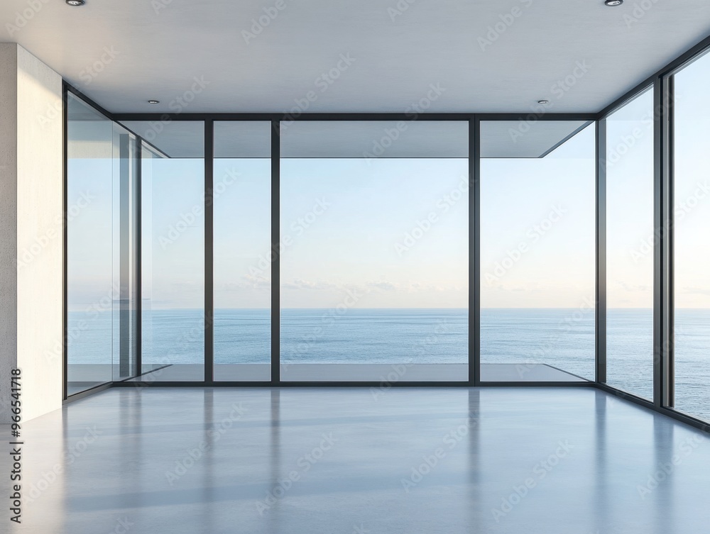 Obraz premium A large, empty room with a large window overlooking the ocean. The room is very clean and has a very modern feel to it. The large window lets in a lot of natural light, making the room feel bright