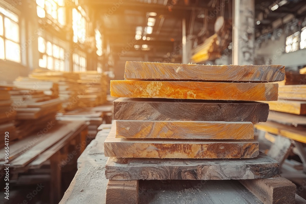 Stacked Wood Planks in a Factory Setting Stacked Wood Planks in a Factory Setting