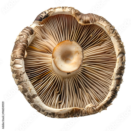  A single mushroom cap sliced to show its gills, isolated on a transparent background.