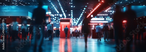 Exhibition expo event trade fair hall with busy bustling people walking to conferences in a modern hall crowded business people with a bokeh effect. Generative AI