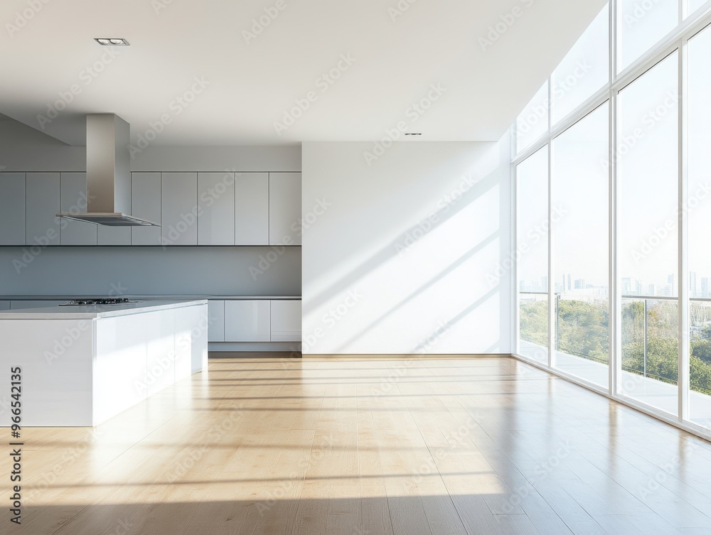 A large, empty kitchen with a window overlooking a city. The kitchen is white and has a modern design A large, empty kitchen with a window overlooking a city. The kitchen is white and has a modern design