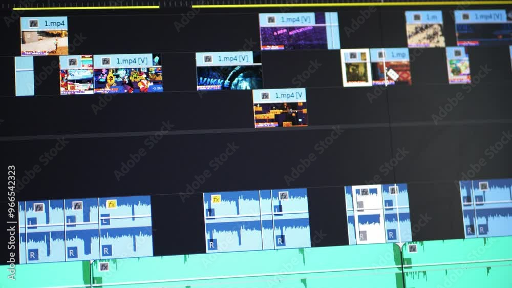 Closeup of computer monitor with video editing timeline. Video editor works on computer. Video processing, post-production