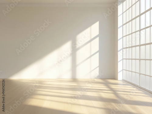 A large, empty room with a window that lets in sunlight. The room is bare and uncluttered, with no furniture or decorations. The sunlight casts a warm glow on the hardwood floors, creating a peaceful