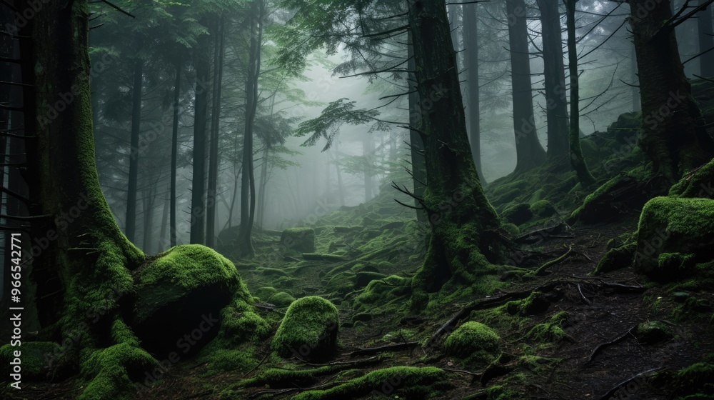 Fototapeta premium A misty forest path winds through a dense grove of ancient trees, their trunks draped in moss.
