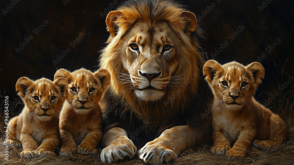 Fototapeta premium Lion couple containing an adult female and adult male and their 2 sweet cubs affectionate with their parents