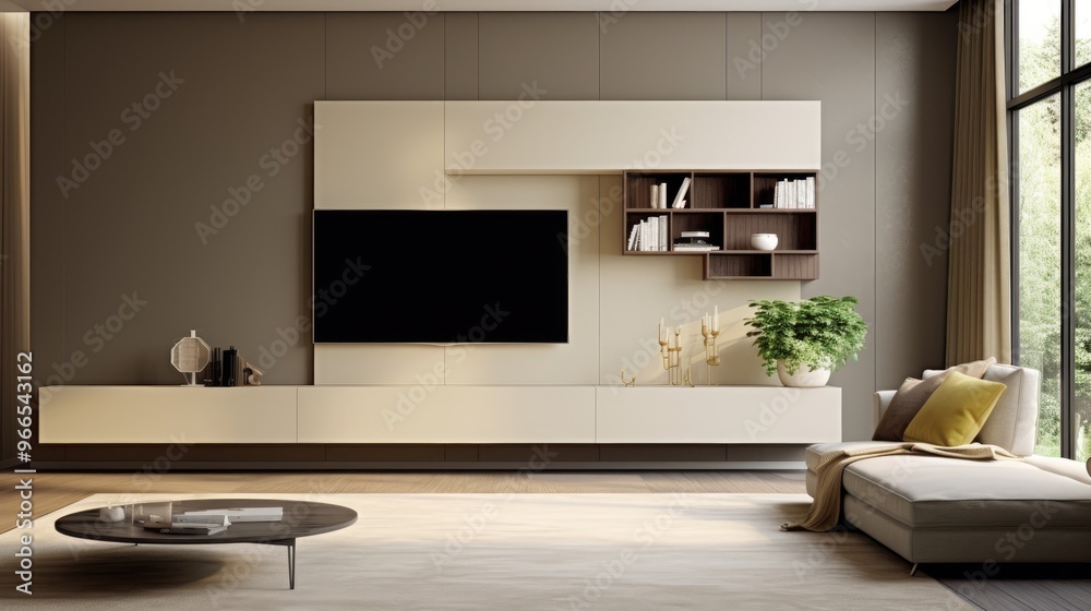 A modern living room with a large TV, a comfortable couch, and a stylish coffee table. A modern living room with a large TV, a comfortable couch, and a stylish coffee table.