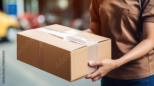 A person holds a cardboard box in their hand, the box is wrapped with tape. The person is wearing a brown shirt and blue jeans.