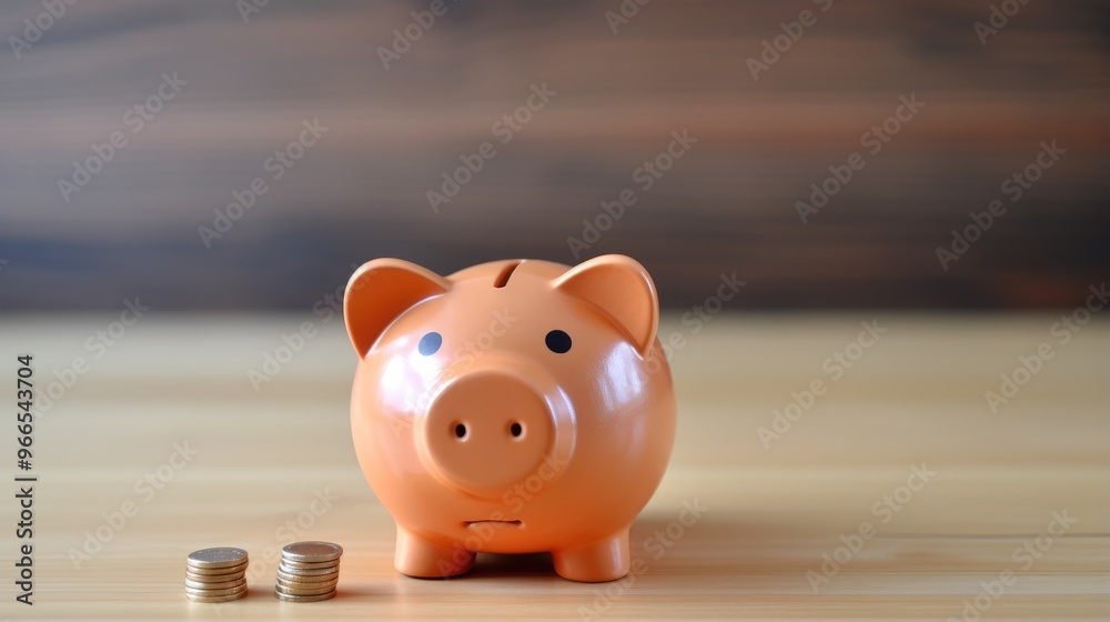 Fototapeta premium A piggy bank sits on a wooden table with a stack of coins beside it. The piggy bank is orange and has a cute face. The coins are shiny and new.