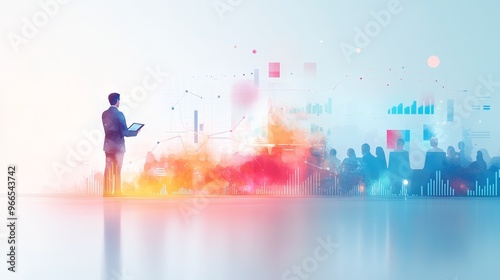 A watercolor illustration of a business leader presenting a future plan to a group of executives, with colorful graphs and charts illustrating growth strategies. The atmosphere is collaborative and photo