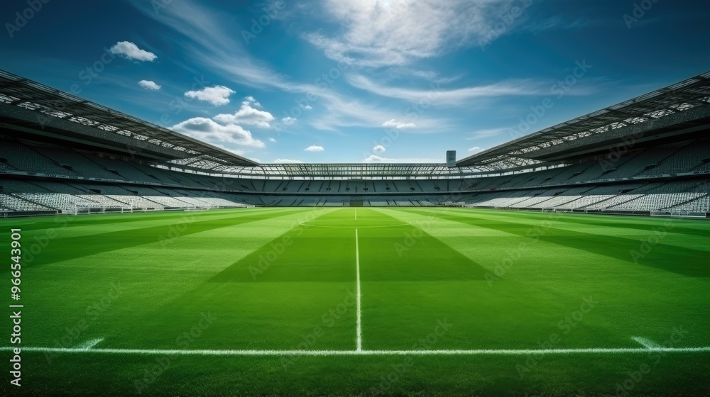 A pristine green soccer field stretches out before a grand stadium, bathed in the warm glow of a sunny day. A pristine green soccer field stretches out before a grand stadium, bathed in the warm glow of a sunny day.