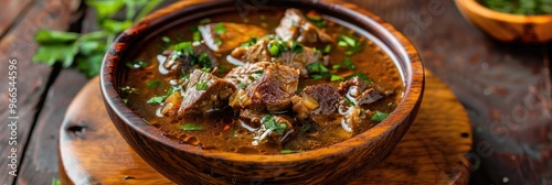 Spicy lamb paya soup presented in a rustic wooden bowl, a traditional homemade mutton dish known as paya or attukaal soup from South India. Lamb soup displayed in a charming wooden bowl. photo