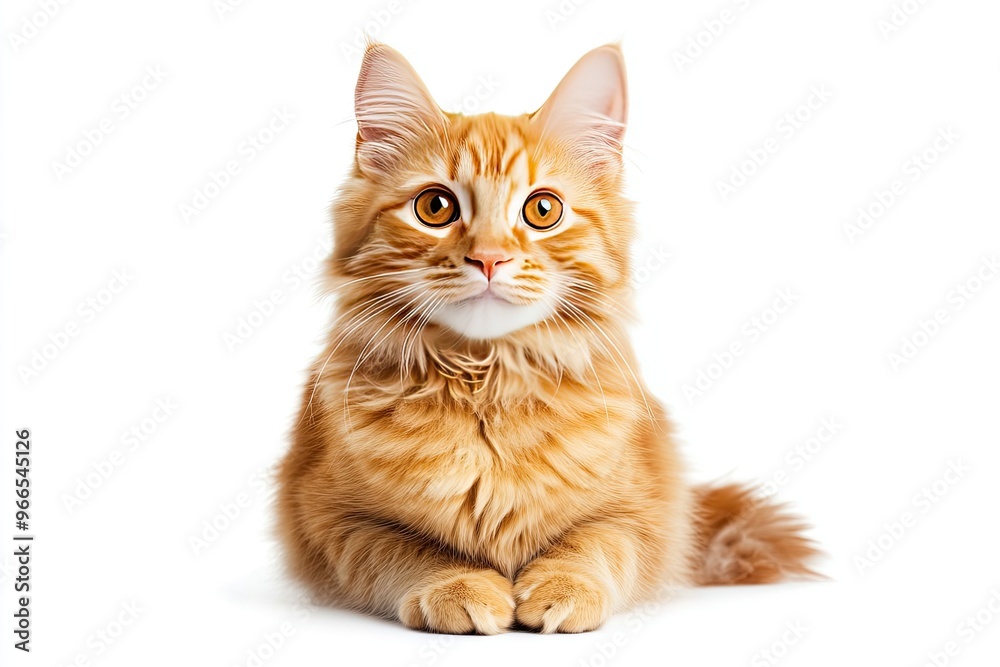 Fototapeta premium A cat with orange fur is sitting on a white background. The cat has a curious expression on its face