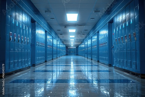 Empty School Hallway with Blue Lockers