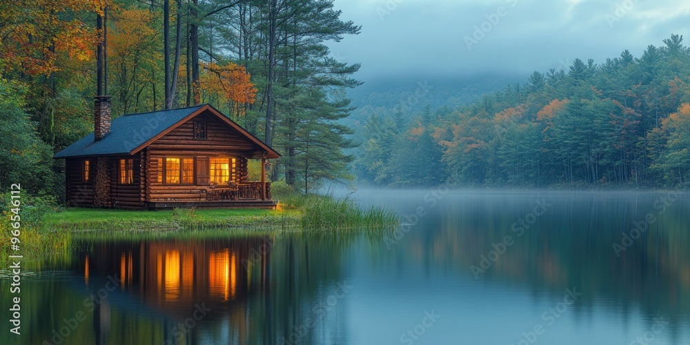 Fototapeta premium Illuminated Cabin by a Serene Lake in Autumnal Forest