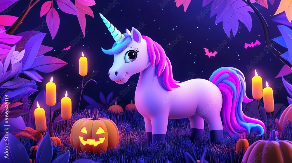 Fototapeta premium Halloween Unicorn Witch unicorn casting spells, floating candles and glowing pumpkins, Halloween scene, 3D illustration