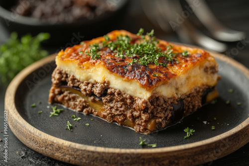 Savoring traditional Greek moussaka with beef mince, a comforting dish perfect for gatherings and family meals any time of year photo