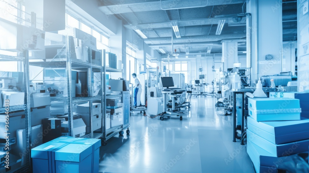 A sterile and modern laboratory setting with a man in a white coat working on a piece of equipment. A sterile and modern laboratory setting with a man in a white coat working on a piece of equipment.