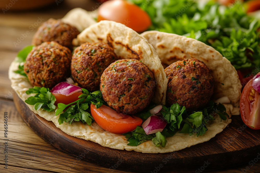 Delicious pita bread filled with crispy falafel and fresh vegetables served on a rustic wooden board for a vibrant meal Delicious pita bread filled with crispy falafel and fresh vegetables served on a rustic wooden board for a vibrant meal