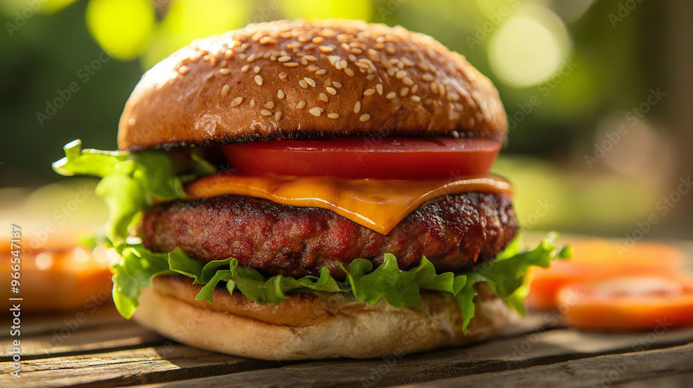 a close-up of a juicy, delicious-looking veggie burger made with plant-based protein, topped with fresh lettuce, tomato, and a slice of vegan cheese, served on a whole-grain bun a close-up of a juicy, delicious-looking veggie burger made with plant-based protein, topped with fresh lettuce, tomato, and a slice of vegan cheese, served on a whole-grain bun