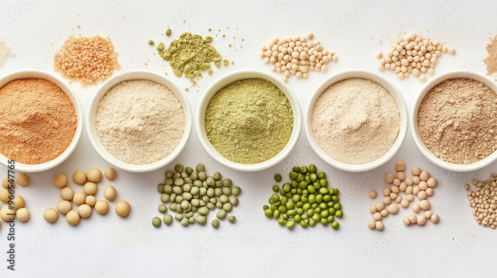a creative composition showing various plant-based protein powders (like pea, hemp, soy) in small bowls, with their raw ingredients (peas, hemp seeds, soybeans) arranged beside them a creative composition showing various plant-based protein powders (like pea, hemp, soy) in small bowls, with their raw ingredients (peas, hemp seeds, soybeans) arranged beside them