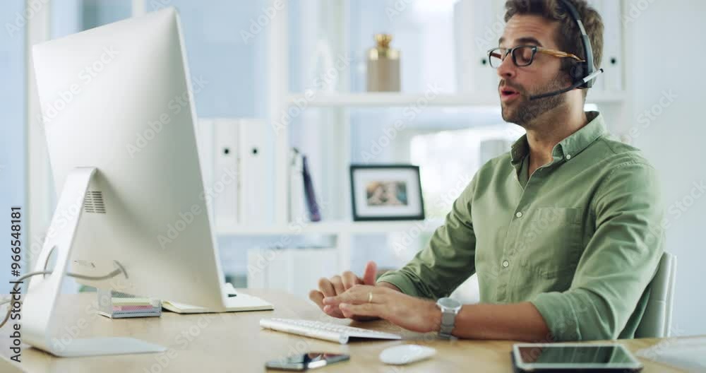 Call center man, typing and headphone by computer, financial info and chat for customer care in office. Consultant, tech support and agent by pc, microphone and talking with voip, crm and help desk